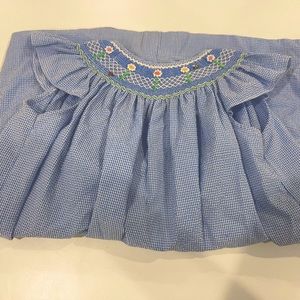 Smocked Seersucker Checked Girls Dress with embroidery